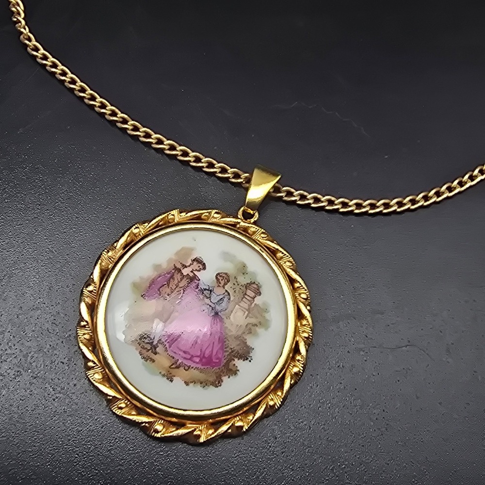 Limoges French Scene Pendant Necklace Porcelain Vintage Costume Jewelry
